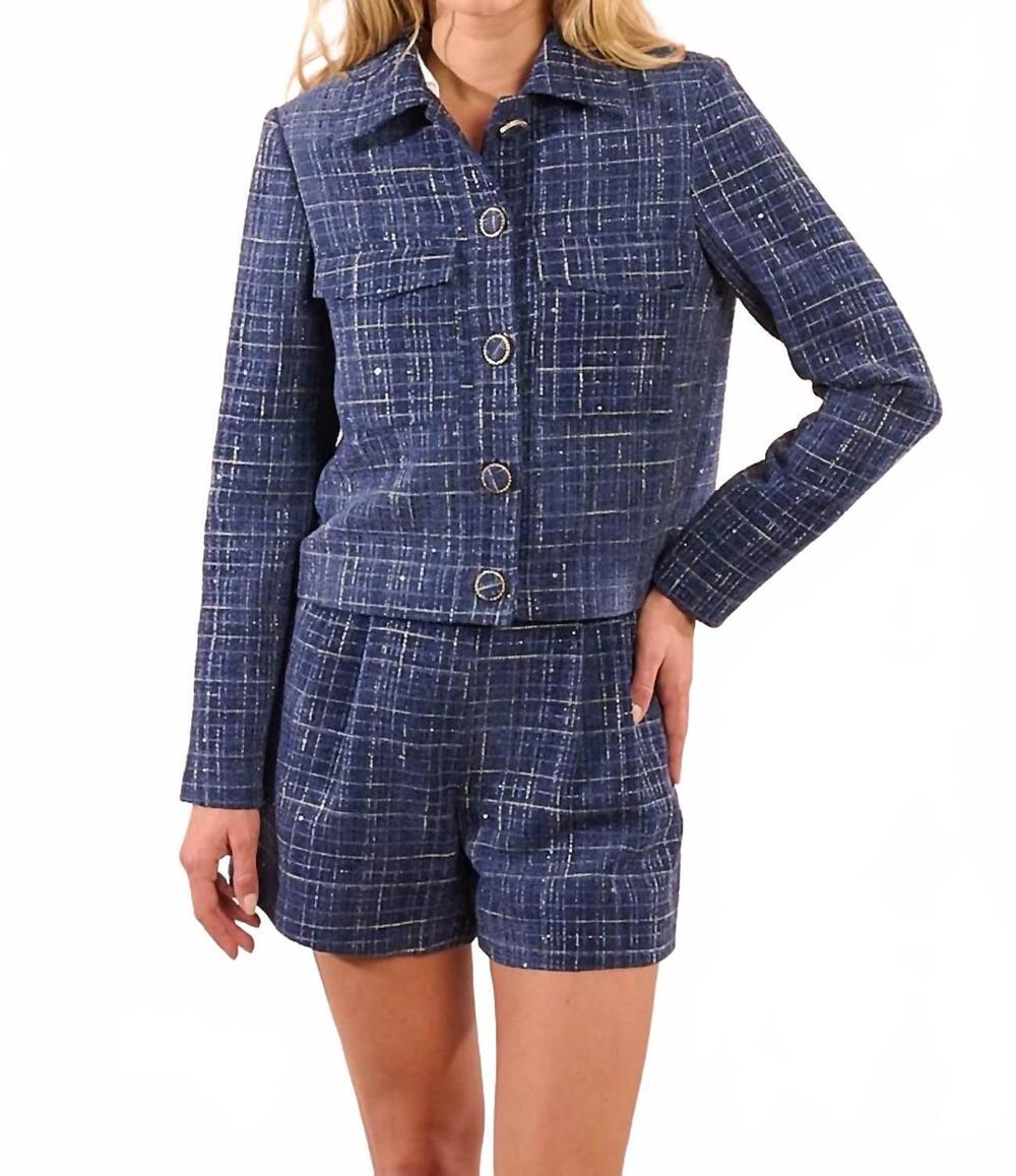 NEW MOLLY BRACKEN chic plaid tweed shirt jacket with sparkle details in denim bl